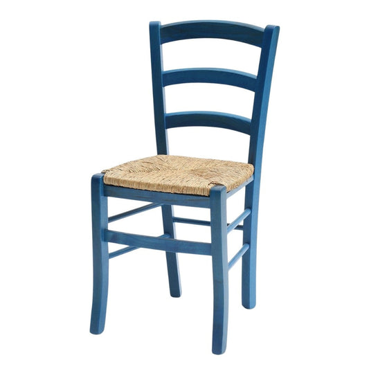 sedia venezia colore anilina celeste in legno di faggio con seduta in paglia, dettaglio della lavorazione naturale del legno