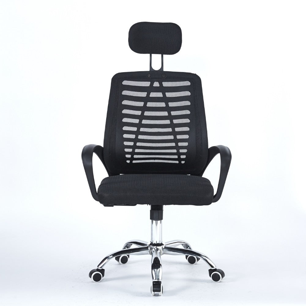 poltrona ufficio colin 46x62x107 cm. in tessuto e mesh nero e base cromata, dettaglio di schienale regolabile e braccioli imbottiti