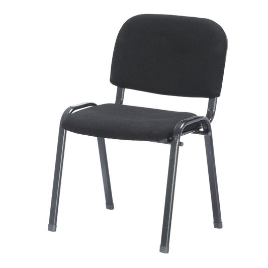 sedia da ufficio con struttura in metallo nero e tessuto nero, dettaglio di schienale regolabile e braccioli imbottiti