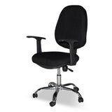 poltrona da ufficio cr415 tessuto nero con base cromata, dettaglio di schienale regolabile e braccioli imbottiti