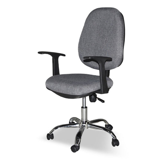 poltrona da ufficio cr415 tessuto grigio con base cromata, dettaglio di schienale regolabile e braccioli imbottiti