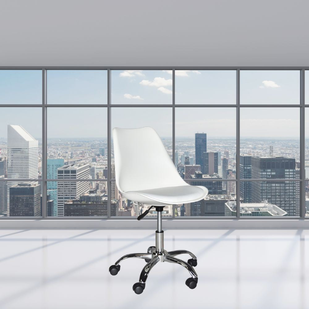 poltrona da ufficio lc719 in plastica colore bianco con base cromata, sedia ergonomica da ufficio per supporto lombare