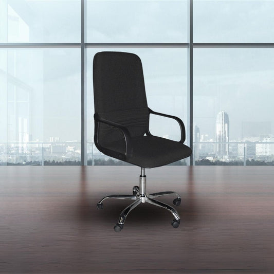 poltrona da ufficio cr106h in tessuto nero e base cromata, sedia ergonomica da ufficio per supporto lombare