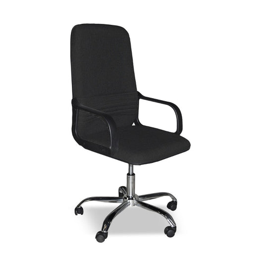 poltrona da ufficio cr106h in tessuto nero e base cromata, dettaglio di schienale regolabile e braccioli imbottiti