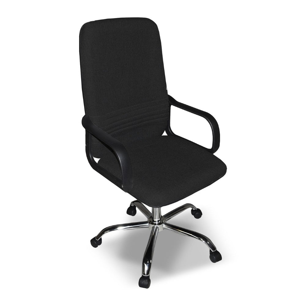 poltrona da ufficio cr106h in tessuto nero e base cromata, perfetta per lunghe sessioni di lavoro al computer