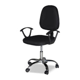 poltrona da ufficio cr131 in tessuto nero e base cromata, dettaglio di schienale regolabile e braccioli imbottiti