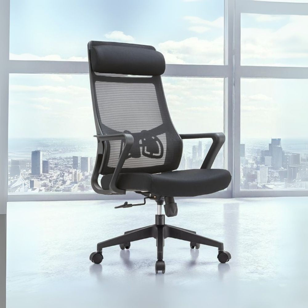 poltrona ufficio pasco con schienale in rete alto e reclinabile colore nero, sedia ergonomica da ufficio per supporto lombare