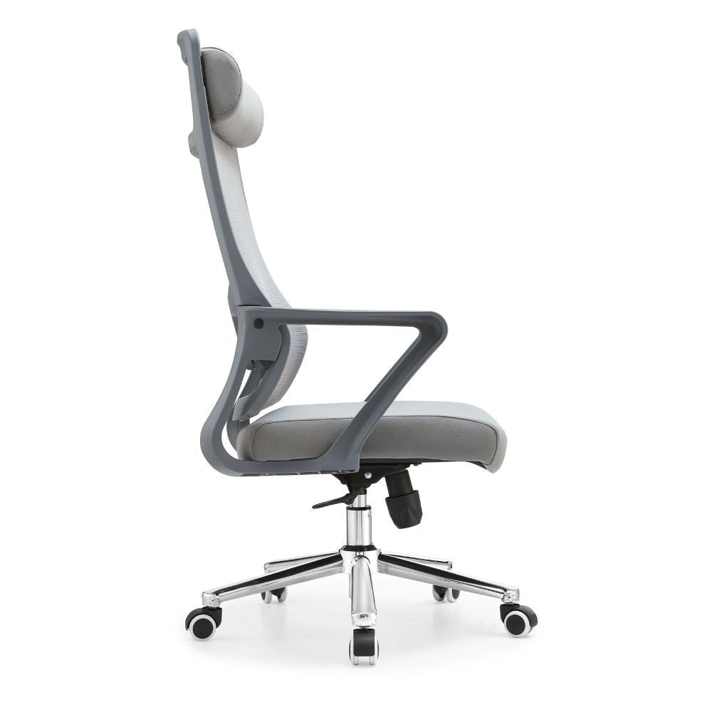 poltrona ufficio pasco con schienale in rete alto e reclinabile colore grigio, perfetta per lunghe sessioni di lavoro al computer