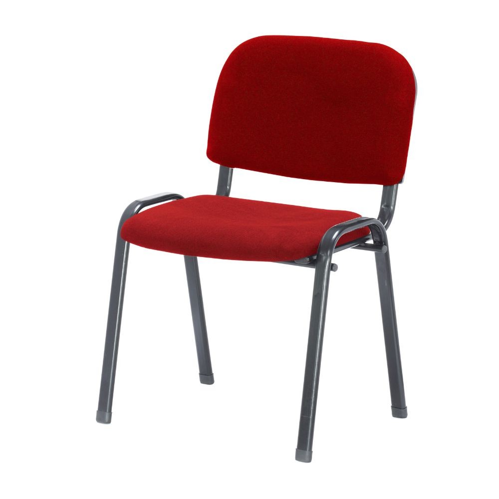 sedia da ufficio con struttura in metallo nero e tessuto rosso, dettaglio di schienale regolabile e braccioli imbottiti