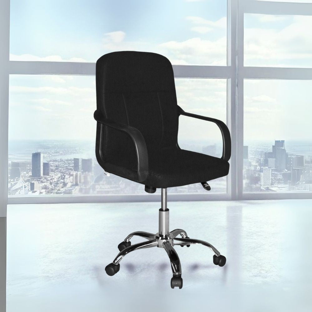 poltrona da ufficio pc116p in tessuto nero e base cromata, sedia ergonomica da ufficio per supporto lombare