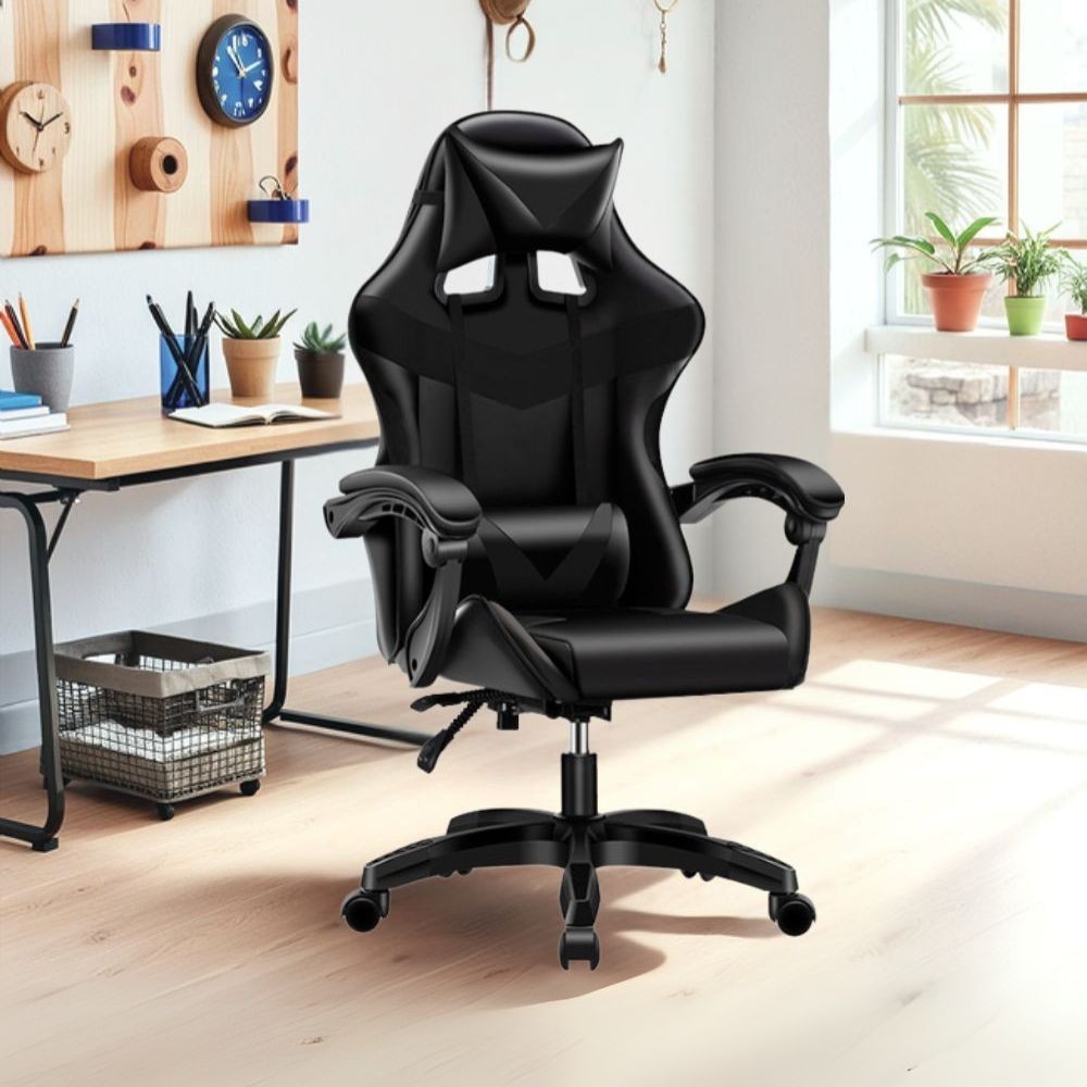 sedia da ufficio gaming con schienale alto e imbottitura in pvc colore nero, sedia ergonomica da ufficio per supporto lombare