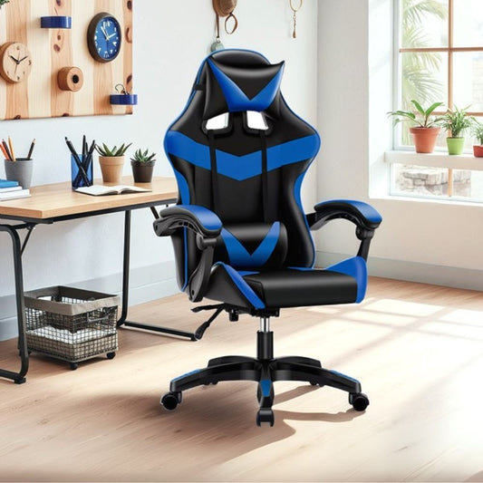 sedia da ufficio gaming con schienale alto e imbottitura in pvc colore nero con dettagli blu, sedia ergonomica da ufficio per supporto lombare