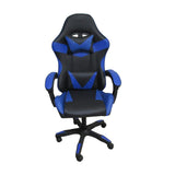 sedia da ufficio gaming con schienale alto e imbottitura in pvc colore nero con dettagli blu, vista ambientata in studio o postazione di lavoro