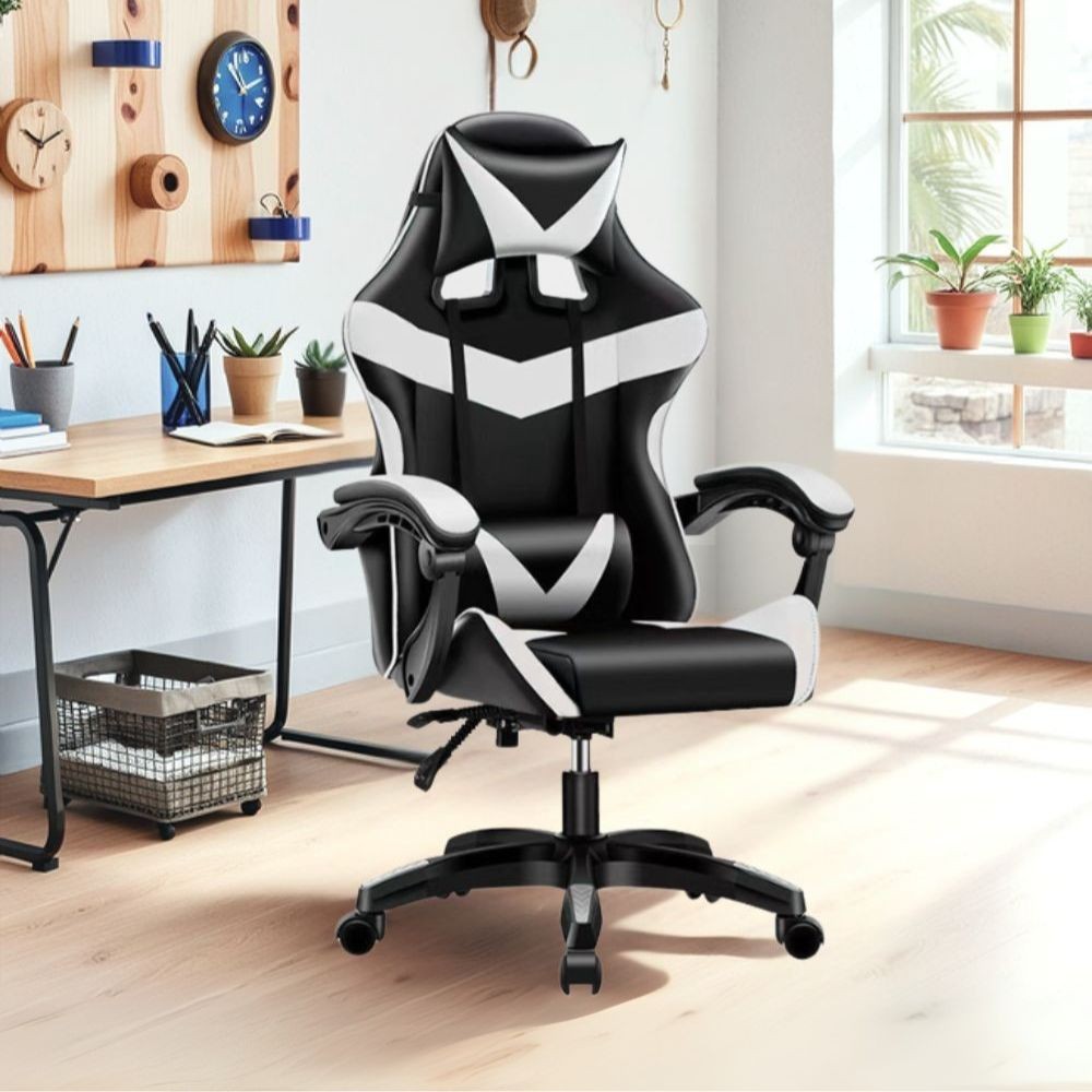 sedia da ufficio gaming con schienale alto e imbottitura in pvc colore nero con dettagli bianco, sedia ergonomica da ufficio per supporto lombare