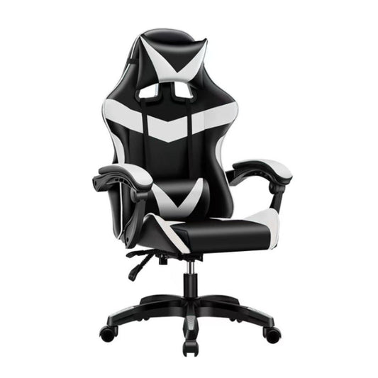 sedia da ufficio gaming con schienale alto e imbottitura in pvc colore nero con dettagli bianco, dettaglio di schienale regolabile e braccioli imbottiti