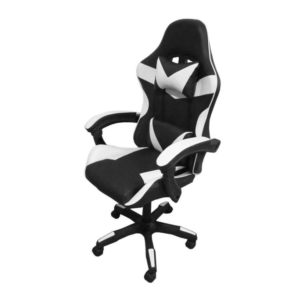 sedia da ufficio gaming con schienale alto e imbottitura in pvc colore nero con dettagli bianco, vista ambientata in studio o postazione di lavoro
