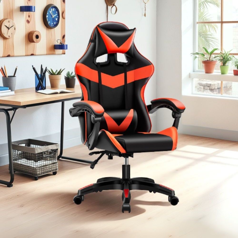sedia da ufficio gaming con schienale alto e imbottitura in pvc colore nero con dettagli rosso, sedia ergonomica da ufficio per supporto lombare