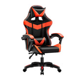 sedia da ufficio gaming con schienale alto e imbottitura in pvc colore nero con dettagli rosso, dettaglio di schienale regolabile e braccioli imbottiti