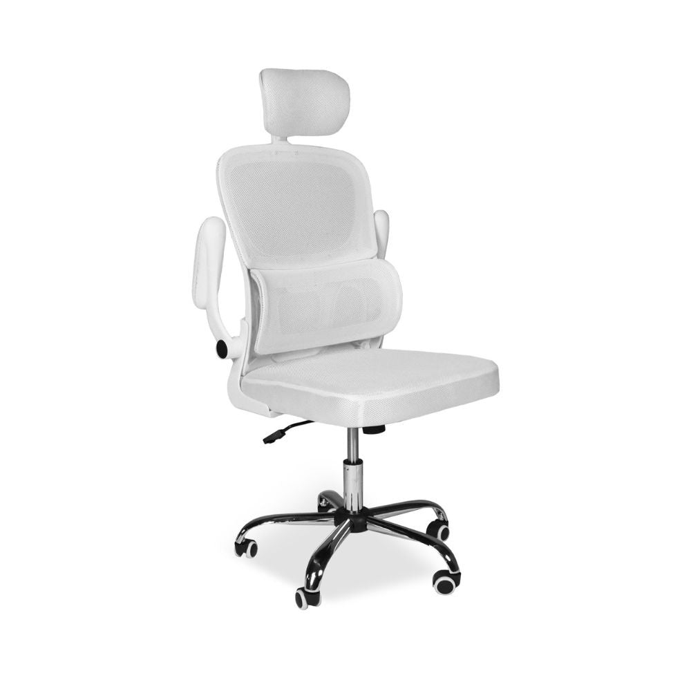 sedia da ufficio ergonomica vibes con tessuto a rete bianco con base cromata, vista ambientata in studio o postazione di lavoro
