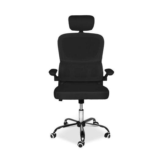 sedia da ufficio ergonomica vibes con tessuto a rete nero con base cromata, dettaglio di schienale regolabile e braccioli imbottiti