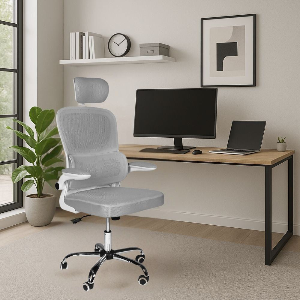 sedia da ufficio ergonomica vibes con struttura bianca e seduta in tessuto a rete grigio con base cromata, sedia ergonomica da ufficio per supporto lombare