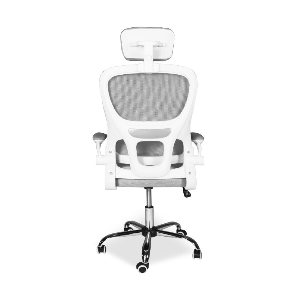 sedia da ufficio ergonomica vibes con struttura bianca e seduta in tessuto a rete grigio con base cromata, rivestimento traspirante in rete o tessuto tecnico
