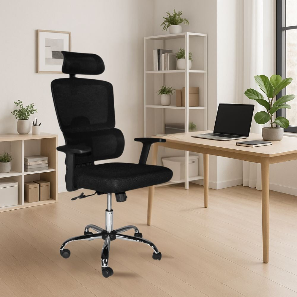 poltrona per ufficio ant con schienale in rete e poggiatesta regolabile con base cromata colore nero, sedia ergonomica da ufficio per supporto lombare