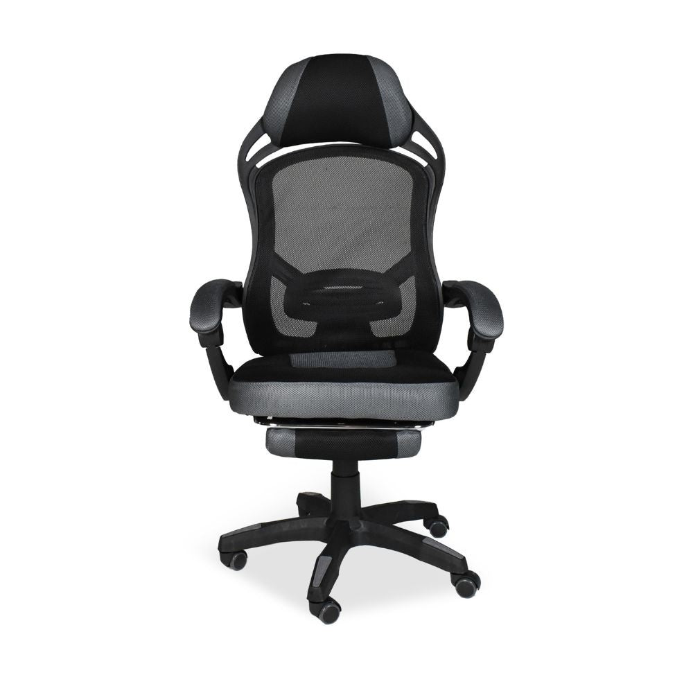 sedia gaming gandi con poggiapiedi estensibile in tessuto con rete nero, dettaglio di schienale regolabile e braccioli imbottiti