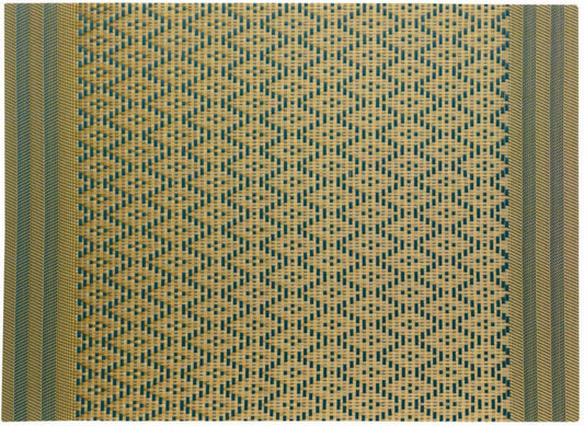 set da tavola kadra pavone/oro, colore pavone/oro, taglia 33 x 45. coordinato da tavola piegato con vista completa su sfondo neutro