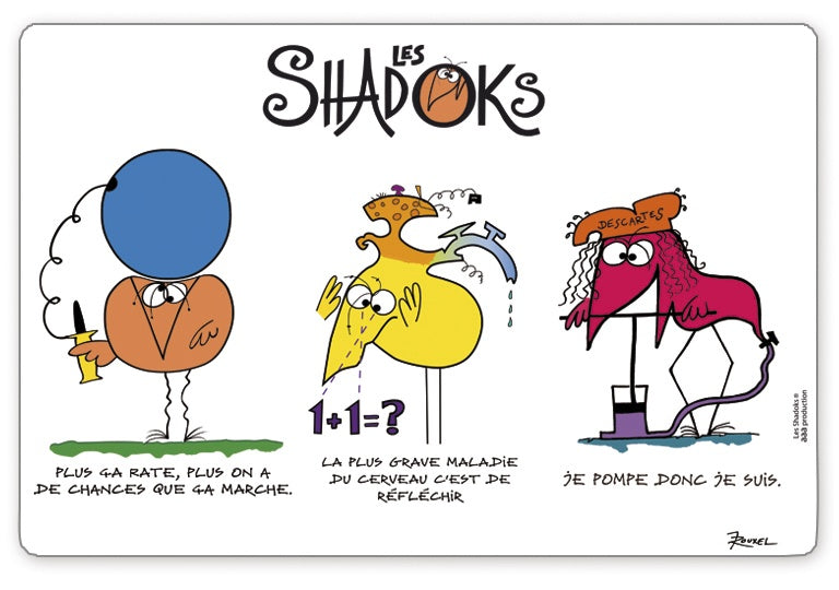 set da tavola shadoks 3 devises assortito, colore assortito, taglia 30 x 45. coordinato da tavola piegato con vista completa su sfondo neutro