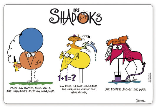 set da tavola shadoks 3 devises assortito, colore assortito, taglia 30 x 45. coordinato da tavola piegato con vista completa su sfondo neutro