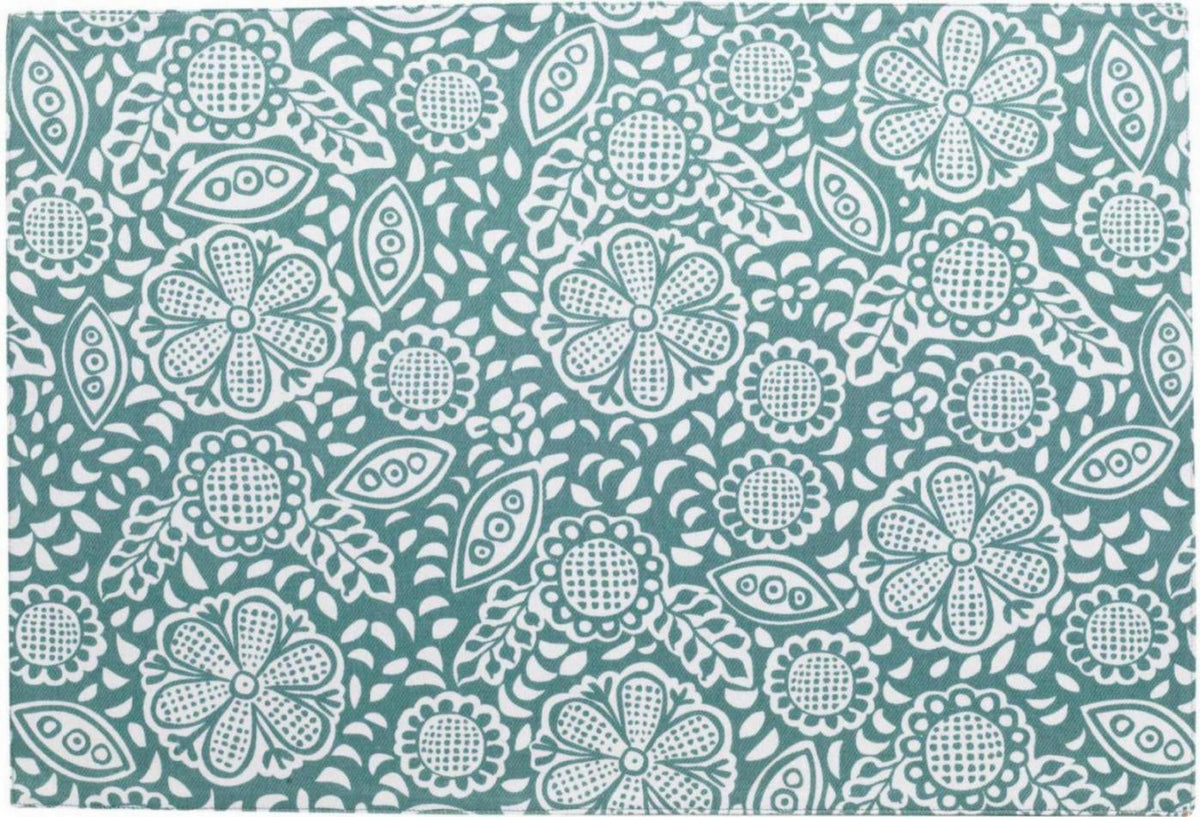 set da tavola rivestito riciclato kira pavone, colore pavone, taglia 33 x 48. coordinato da tavola piegato con vista completa su sfondo neutro