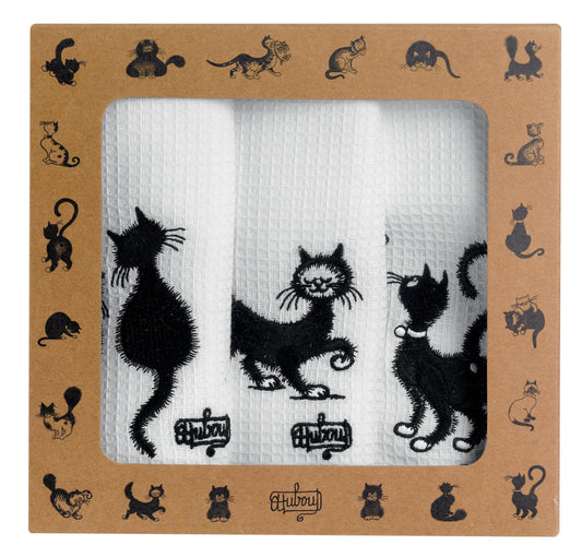 set di 3 strofinacci ricamati dubout les chats bianco, colore bianco, taglia 40 x 60. strofinaccio piegato su fondo neutro per mostrare texture e finiture
