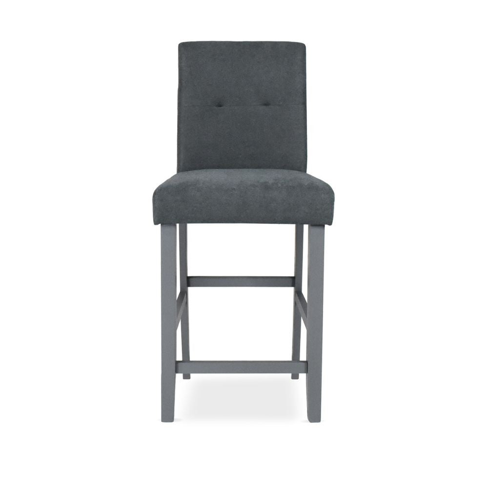 sgabello alex in legno colore grigio con seduta in tessuto grigio, dettaglio della seduta imbottita o in legno