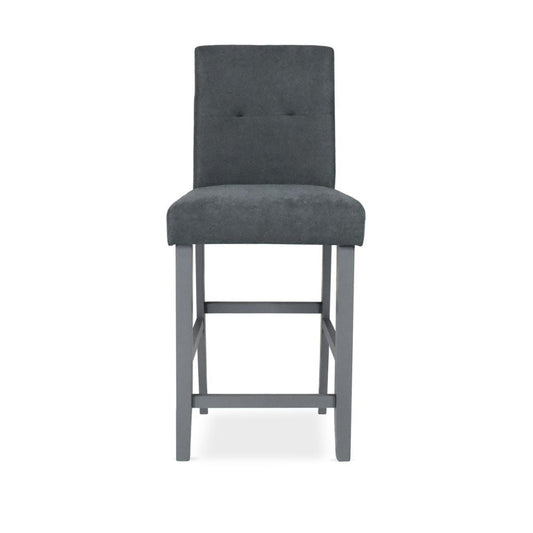 sgabello alex in legno colore grigio con seduta in tessuto grigio, dettaglio della seduta imbottita o in legno