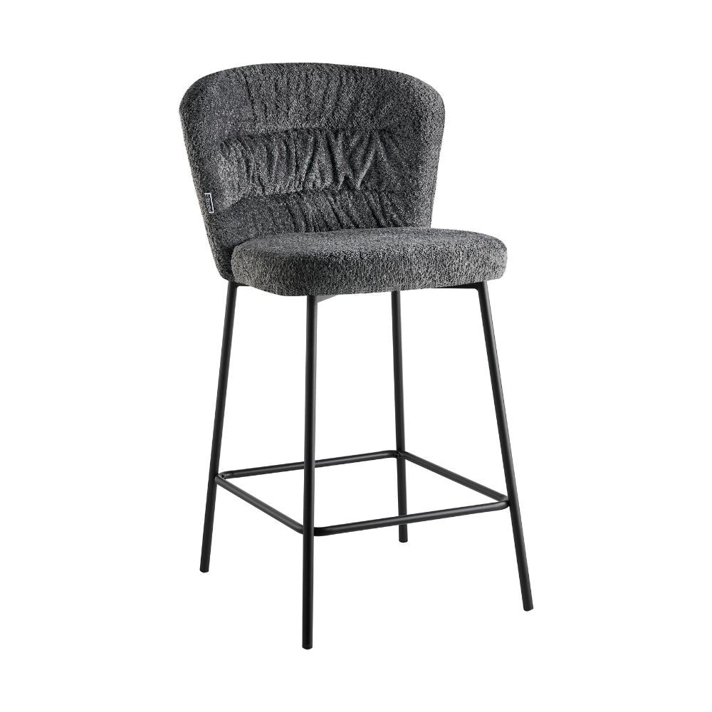 sgabello imbottito cami in tessuto teddy grigio, dettaglio della seduta imbottita o in legno