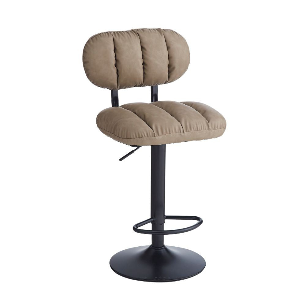 sgabello tati con seduta in ecopelle tortora e gamba in metallo nero, dettaglio della seduta imbottita o in legno