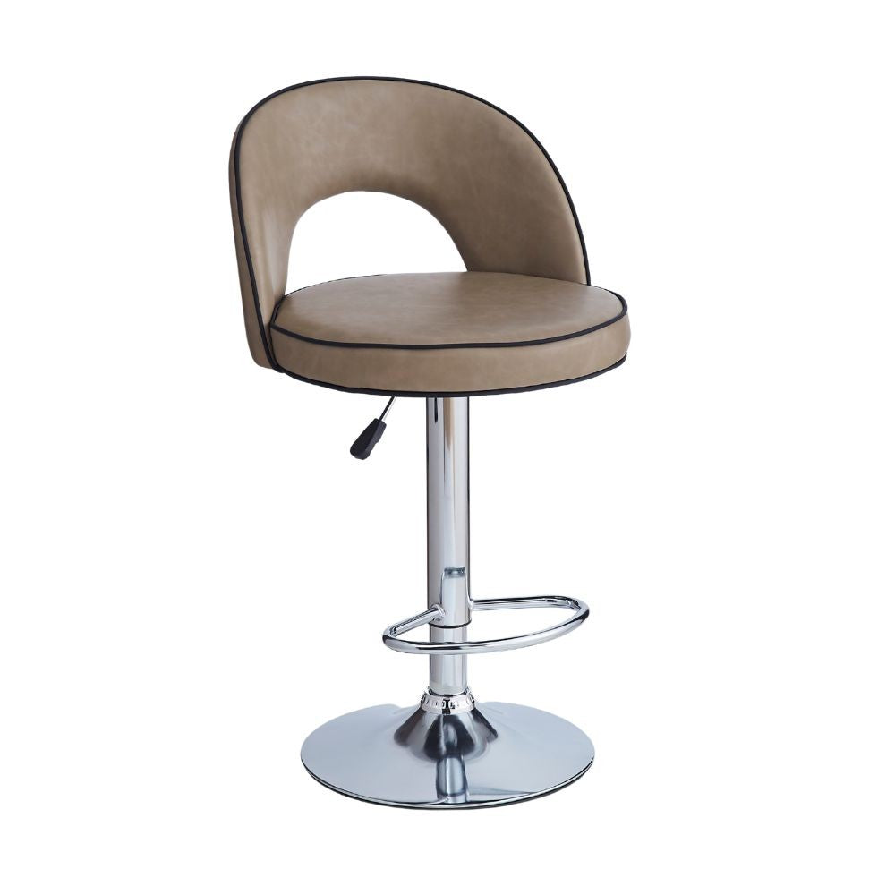 sgabello lisa con seduta in ecopelle tortora e gamba in metallo inox, dettaglio della seduta imbottita o in legno