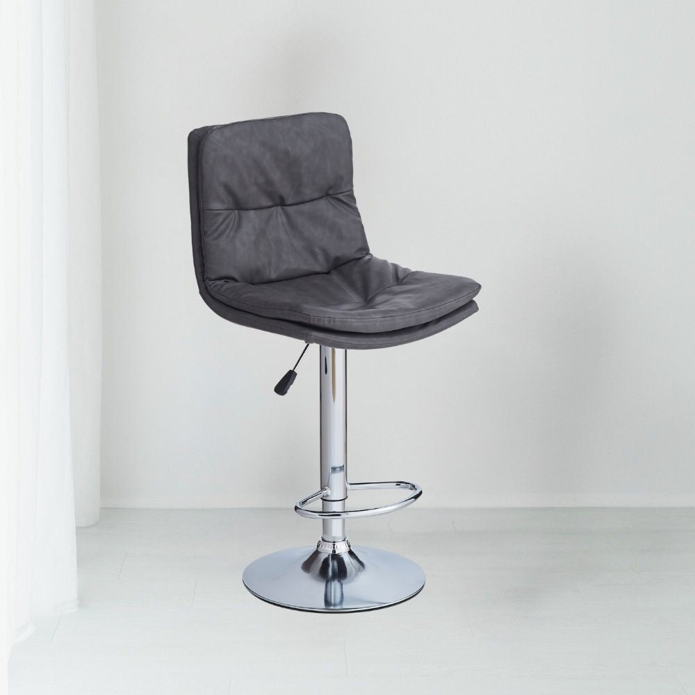 sgabello paco con seduta in ecopelle grigio e gamba in metallo inox, sgabello moderno per cucina, bar o penisola