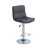 sgabello paco con seduta in ecopelle grigio e gamba in metallo inox, dettaglio della seduta imbottita o in legno