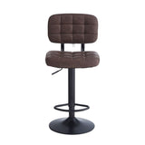 sgabello mavi con seduta e schienale in ecopelle brown e gamba in metallo nero, dettaglio della seduta imbottita o in legno