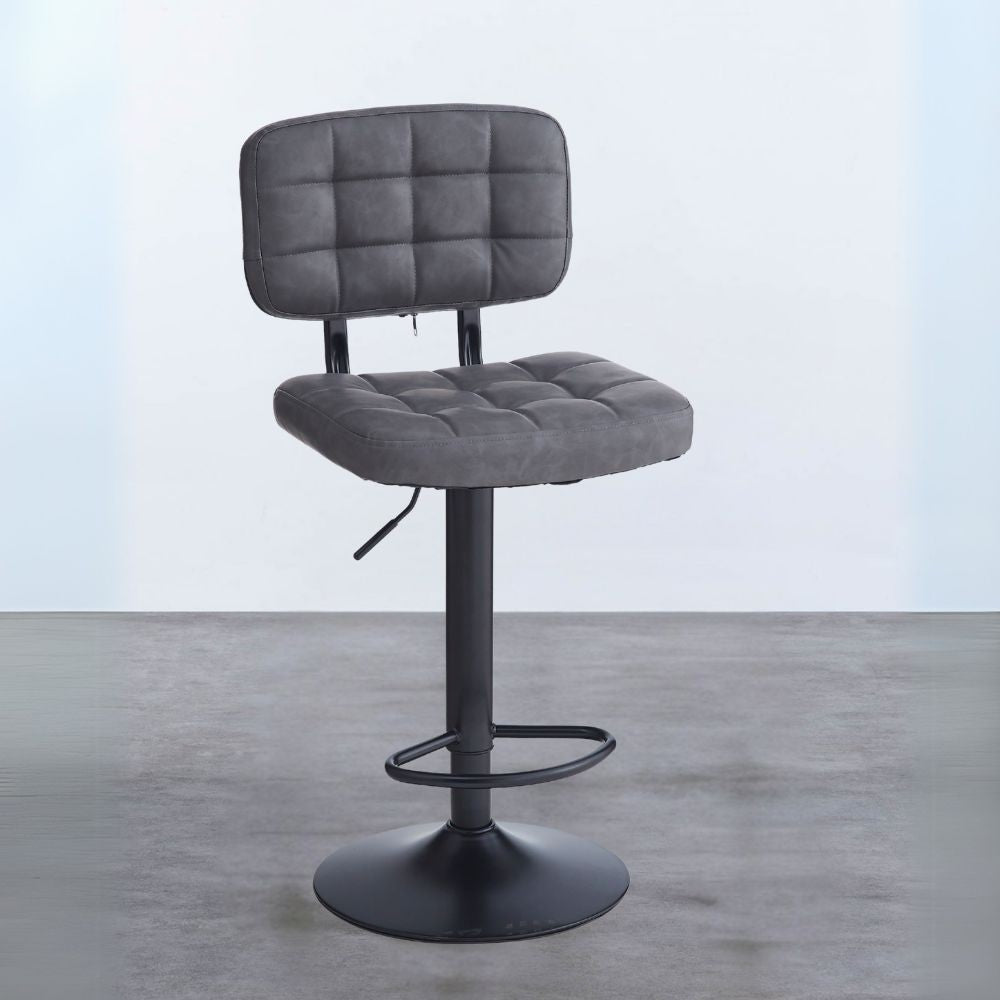 sgabello mavi con seduta e schienale in ecopelle grigio e gamba in metallo nero, sgabello moderno per cucina, bar o penisola