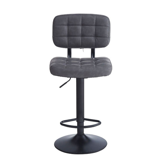 sgabello mavi con seduta e schienale in ecopelle grigio e gamba in metallo nero, dettaglio della seduta imbottita o in legno