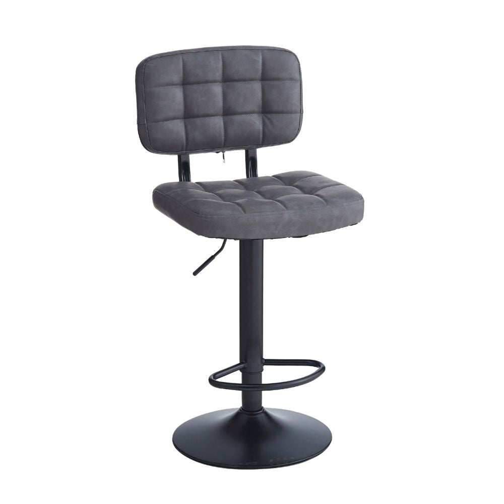 sgabello mavi con seduta e schienale in ecopelle grigio e gamba in metallo nero, vista ambientata accanto a bancone o isola