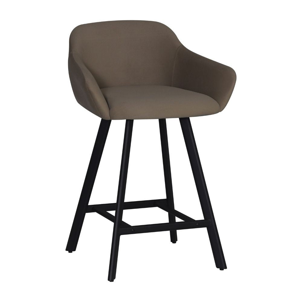 sgabello mey in tessuto anka 06 tortora con gambe in metallo nere, dettaglio della seduta imbottita o in legno