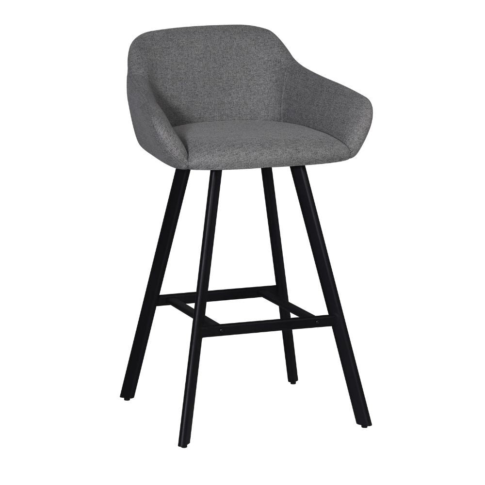 sgabello mey in tessuto nordic 16 grigio cenere con gambe in metallo nere, dettaglio della seduta imbottita o in legno