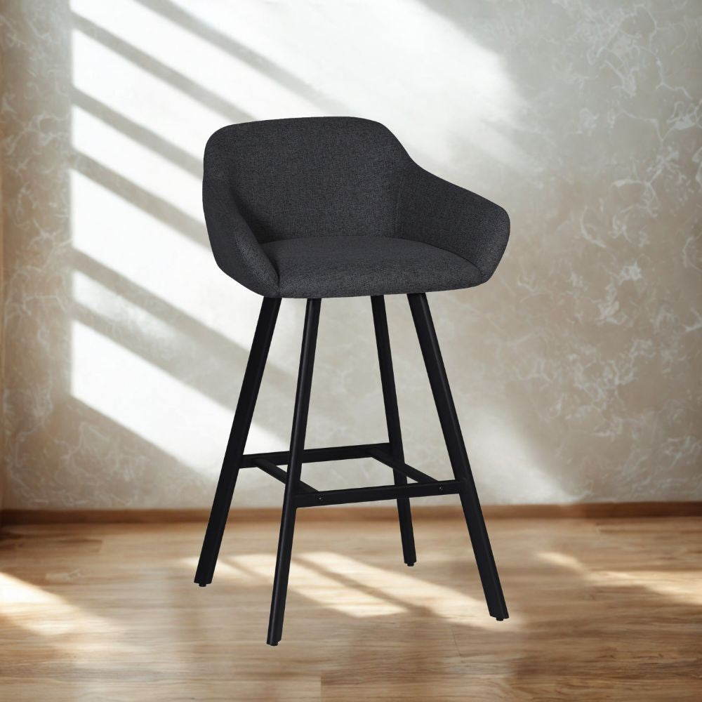 sgabello mey in tessuto nordic 18 grigio scuro con gambe in metallo nere, sgabello moderno per cucina, bar o penisola