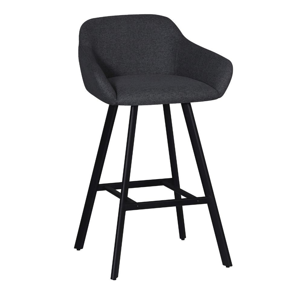 sgabello mey in tessuto nordic 18 grigio scuro con gambe in metallo nere, dettaglio della seduta imbottita o in legno