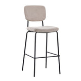 sgabello juno in tessuto colore taupe e struttura in metallo nero, dettaglio della seduta imbottita o in legno