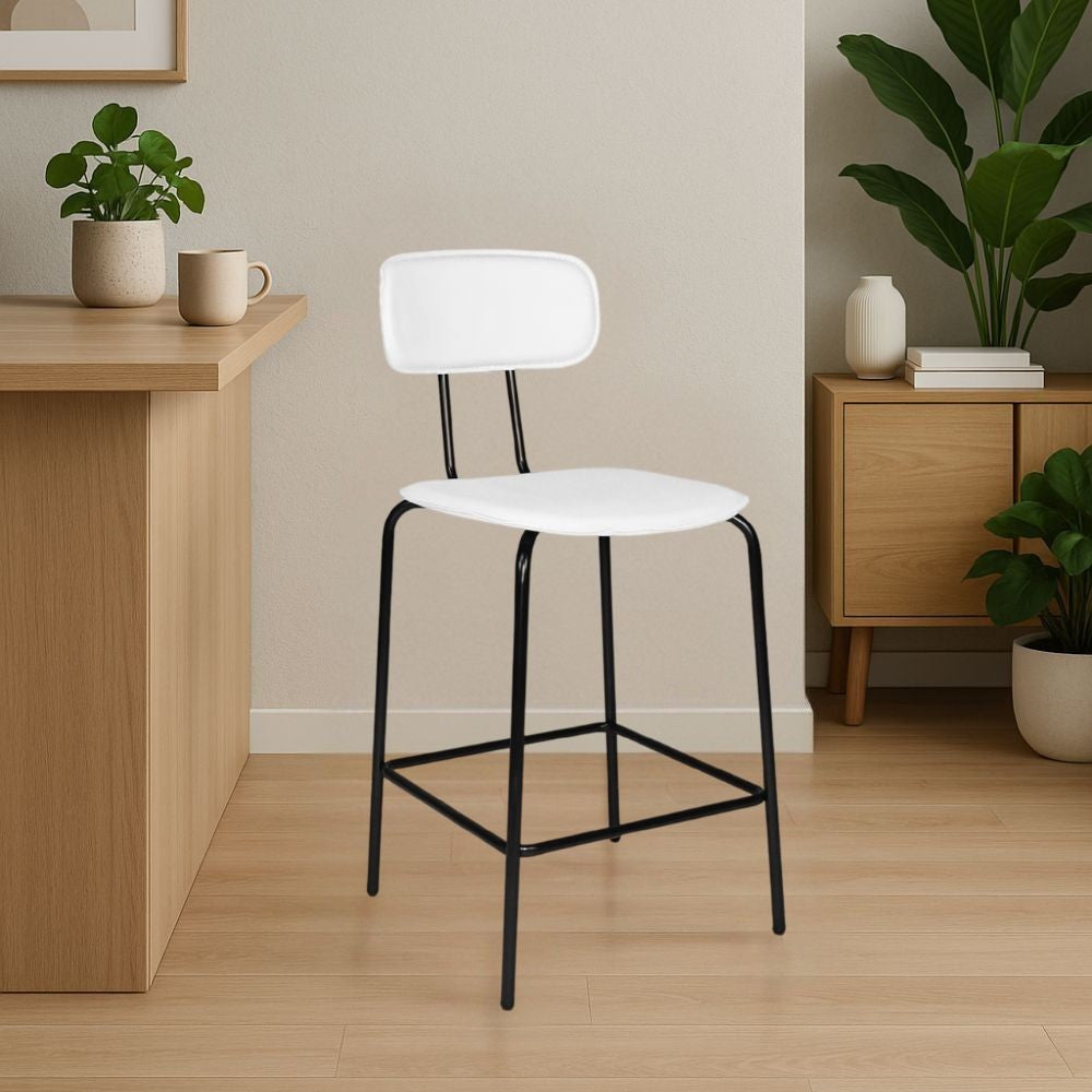 sgabello glami in pvc effetto cuoio bianco con struttura in metallo nera, sgabello moderno per cucina, bar o penisola